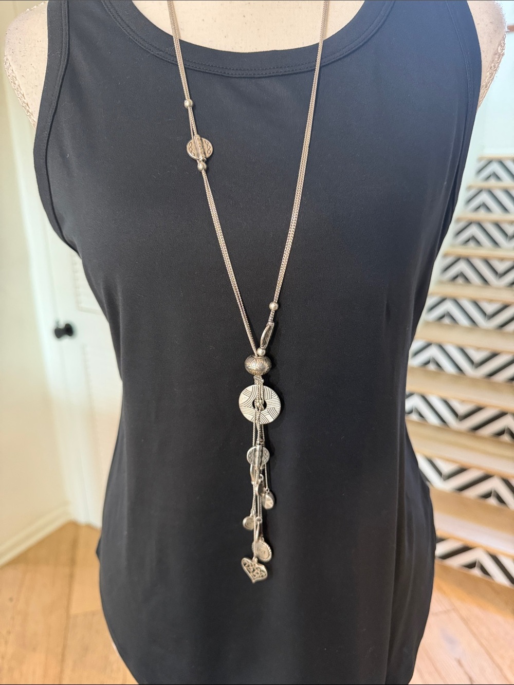 Long Silver-tone Pendant Necklace with Dangle Charms Fashion Jewerly